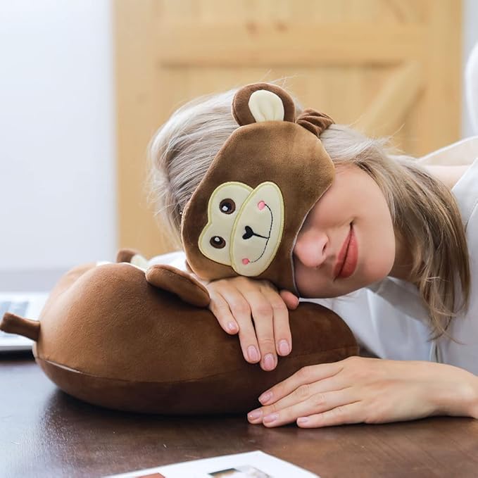 Travel Pillow, Memory Foam Neck Pillow with 360-Degree Head Support Comfortable Airplane Pillow with Storage Bag Lightweight Traveling Pillow for Sleeping, Car, Train, Bus and Home Use (Monkey)
