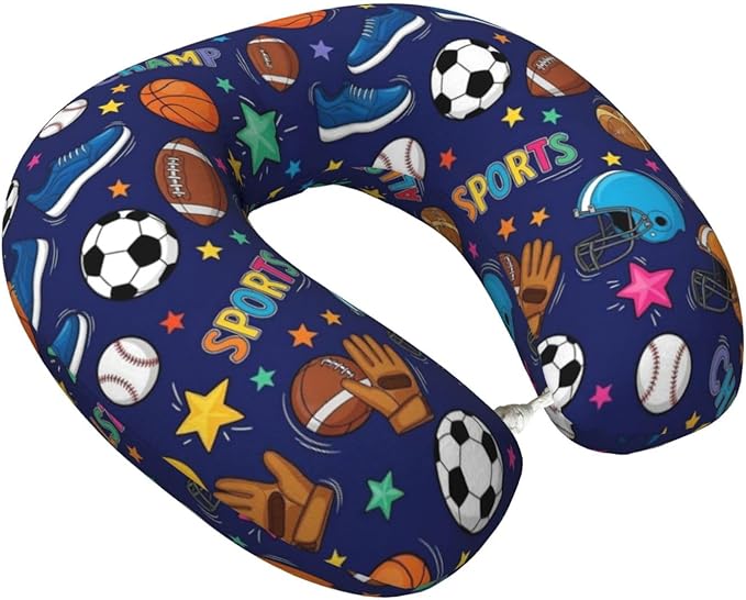 Travel Neck Pillow for Pain Relief Sleeping, Ice Hockey Ball Soccer Basketball Baseball Football Sport, Memory Foam Chin Head Cushion Support with Zip Cover, Fashion Car Flight Pillows