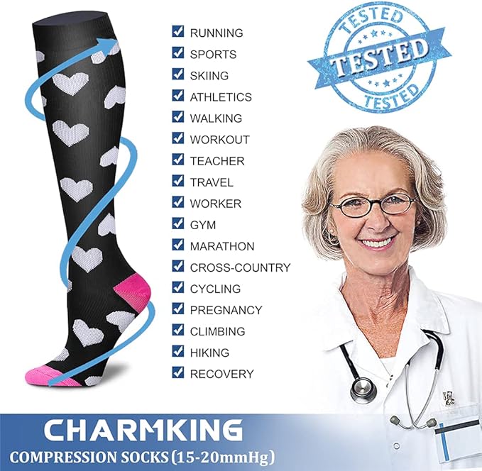 CHARMKING Compression Socks for Women & Men Circulation (8 Pairs) 15-20 mmHg is Best Support for Athletic Running,Cycling