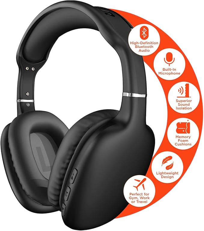 HyperGear Wireless Headphones Bluetooth Black- Noise Isolation Headphones Wireless Over The Ear Head Phones, Gym Headset Built-in Mic Controls Square Foam Cups Foldable Headphone for Women and Men