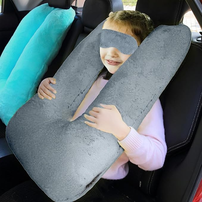 Sexysamba Travel Pillow with Sleep Mask Set Car Pillow Kids Travel Pillow for Sleeping U Shaped Car Seat Pillow Head Neck Body Support for Kids and Adults Road Trip Accessories,Grey