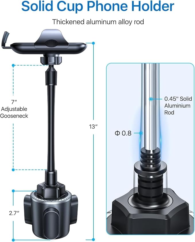 andobil Military-Grade Cup Phone Holder for Car/Truck, [2026 Enhanced] 13" 360° Adjustable Gooseneck w/Anti-Shake Car Mount, Universal Car Phone Holder for iPhone/Samsung/Pixel All 4.0-7.0" Devices
