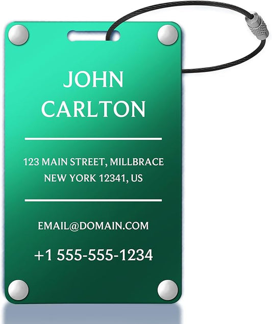 Personalized Luggage Tags for Suitcases - Aluminum Custom Luggage Tags for Backpacks & Bags, Sturdy, Waterproof & Heavy Duty (Green/Card-Sized)