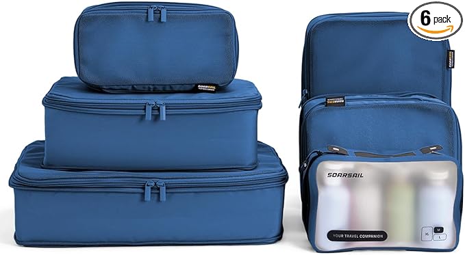 6 Set Compression Packing Cubes for Travel, Large Medium Small Luggage Organizers, Storage Bags for Clothes (6 Pack, Dark Blue)