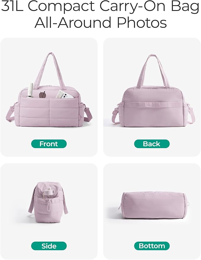 BAGSMART Gym Bag for Women, Lightweight Puffer Duffle Bag 2-PC Travel Bag, 31L Weekender Overnight Bag Quilted Carry On Tote Bag, Diaper Hospital Dance bag for Travel, Gym, Water Resistant