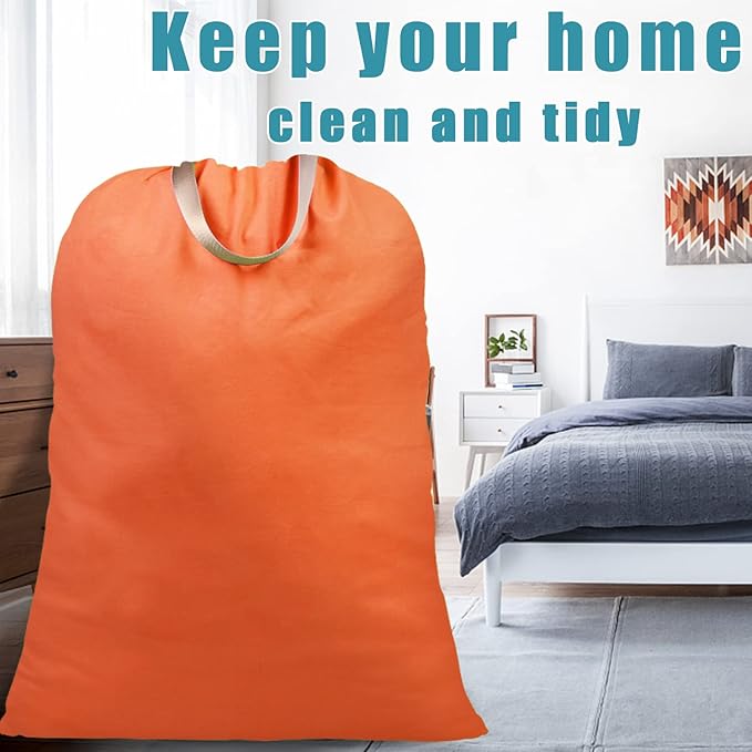LOLOMLO Extra Large Canvas Laundry Bags with Handles & Drawstring Closure, Heavy Duty Tears Resistant Clothes Storage Travel Bags,25.5"x34",Orange
