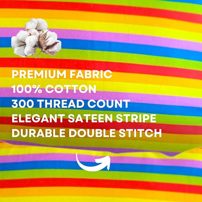kinder Fluff Children Pillow (2Pk) 14x20in – Junior Pillows for Kids Age 4+, Bright Rainbow Design, 100% Cotton Sateen Stripe 300T, Down Alternative Fill, Machine Washable, Colourful Kids Cushion - M