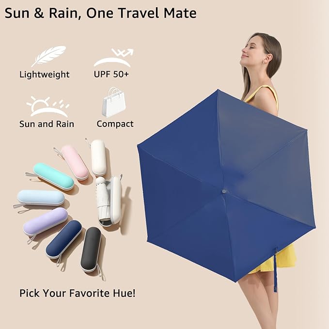 BAODINI Travel Essentials Mini Umbrella for Purse With Case Small Compact UV Sun Protection Lightweight Tiny Pocket Manual Open Close Umbrella for Women Kids and Men Fit Purse Backpack