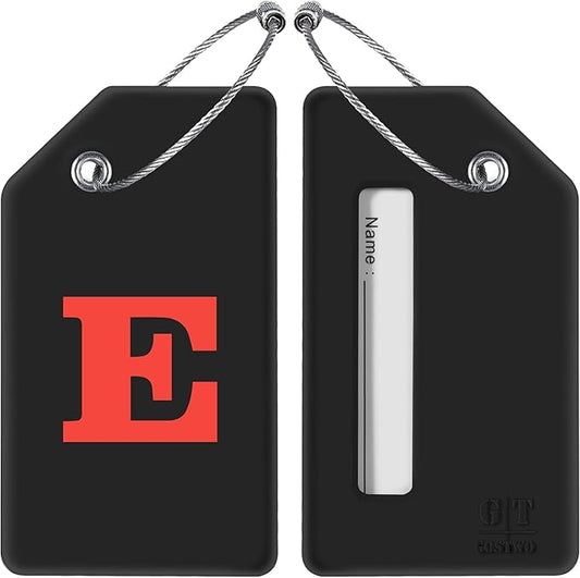 Gostwo 2 Pack Silicone Luggage Tags for Suitcases, 26 Initial Letter Baggage Labels Handbag School Bag Suitcase Instrument Tag with Stainless Steel Loop(Black)(Letter E)
