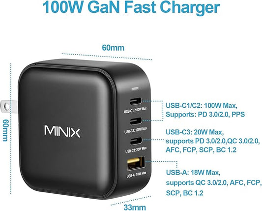 MINIX NEO P3 100W Turbo 4-Port GaN Wall Charger, 3 x USB C port Fast Charging Power Adapter(Max 100W/20W), 1 USB-A (Max 18W). Compatible with MacBook Pro Air, iPad Pro, iPhone 17/16 Pro Max,Galaxy S23