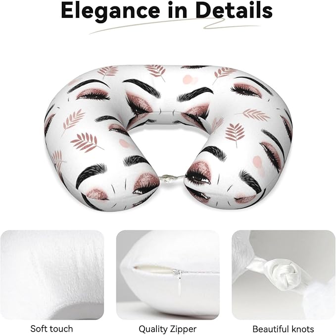 Travel Pillow for Boys and Girls, Comfortable Neck Chin Head Support Cushion Rose Gold Women Eyes Eyelash, Comfortable for Airplanes Car Sleeping Rest