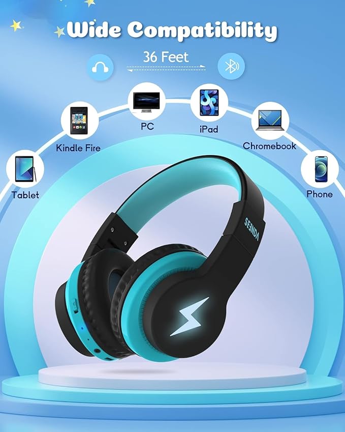seenda Kids Bluetooth Headphones Boys, JCH-01 Kids Wireless Headphones for School, 85/94dB Volume Limited, 45H Playtime, 3 Lighting Modes, Built-in Mic Headset with Aux Cord for iPad/Tablet/Travel