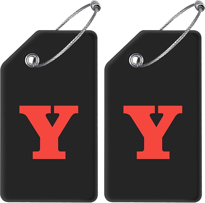 Gostwo 2 Pack Silicone Luggage Tags for Suitcases, 26 Initial Letter Baggage Labels Handbag School Bag Suitcase Instrument Tag with Stainless Steel Loop(Black)(Letter Y)