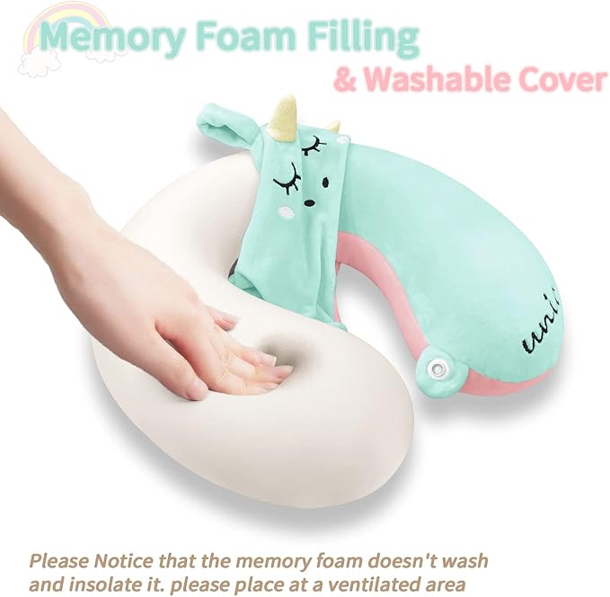Neck Travel Pillow for Kids, Unicorn Airplane Memory Foam Pillow with Cute Sleep Mask & Earplugs, Lightweight Travelling Sleeping Pillow Set for Car, Train, Bus and Home Use (Blue)