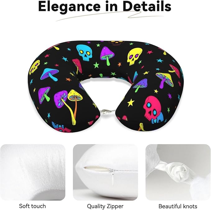 Neck Pillow Memory Foam Travel Pillows Comfortable for Airplane Flight Car Travel Office Nap and Sleeping, Funny Cushion for Head Shoulder Trippy Mushroom Skull