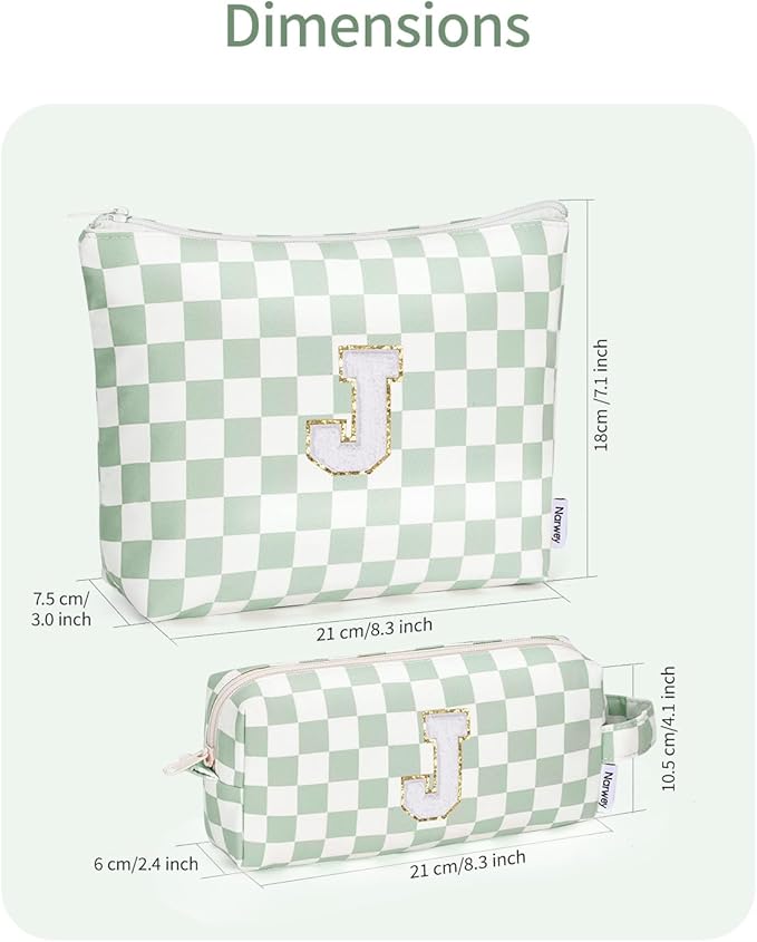Narwey 2 Piece Personalized Initial Makeup Bag Checkered Cosmetic Bags, 6 8 10 11 12 13 14 16 18 Years Old Teen Girl Gifts Trendy Stuff Birthday Gifts for Women, Travel Toiletry Bag (Green Letter J)