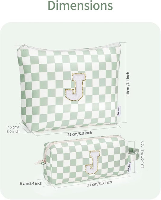 Narwey 2 Piece Personalized Initial Makeup Bag Checkered Cosmetic Bags, 6 8 10 11 12 13 14 16 18 Years Old Teen Girl Gifts Trendy Stuff Birthday Gifts for Women, Travel Toiletry Bag (Green Letter J)