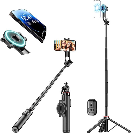 51'' Magnetic Tripod Selfie Stick Stand for Phone with Light,Bluetooth Remote, Mini Holder,MagSafe-Compatible Tripod for Cell Phone Camera Pocket,Portable Extendable Mount for Video Recording