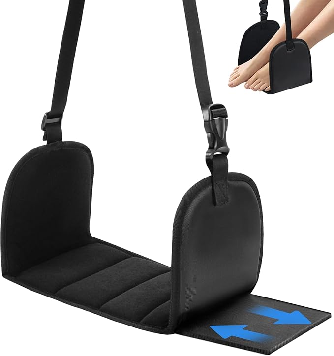 Airplane Foot Hammock with Removable Base & Memory Foam - Wide Hardboard Support No-Collapse Foot Rest for Long Flights, Office, Travel - Thickened Design Relieves Foot Pain (Black, Travel Essentials)