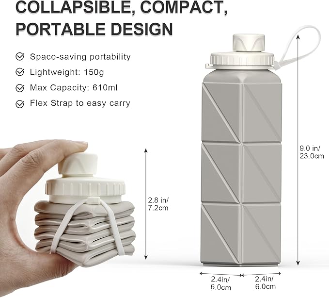 Collapsible Water Bottles 20.6oz, Silicone Foldable Portable Travel Water Bottle, BPA-Free, Leakproof Reusable for Traveling Camping Hiking Cycling Yoga Sports Outdoor, 1 Pack (Starlight)