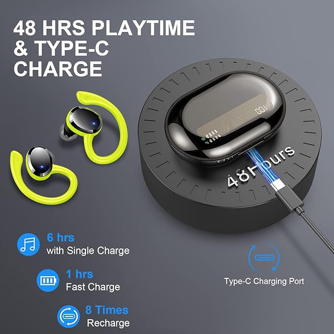 Wireless Earbud, Bluetooth 5.4 Headphones IP7 Waterproof for Sport, 48H Running Wireless Earphones with ENC Noise Cancelling Mic, Deep Bass Over Ear bud with Earhooks for Android, iOS, Workout, Green