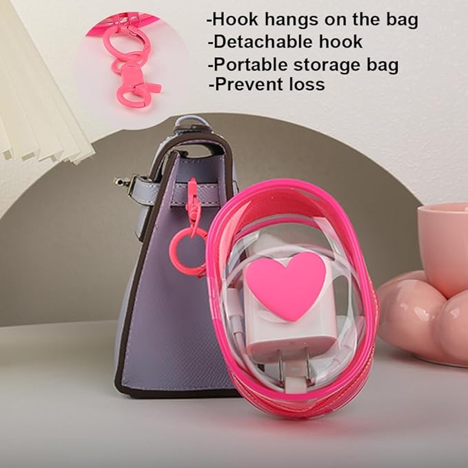 Charging Cable Storage Bag, Lovely 3D Love Heart Waves Design Transparent Compact Travel Cables Carrying Storages Case Electronic Accessories Charger Cord Wire Organizer, Rose Love