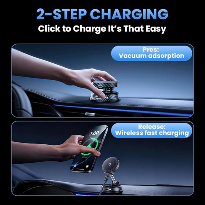ZITUFAW 15W Fast Wireless Charger Magnetic Car Phone Holder, 360° Adjustable Magsafe Car Mount with Vacuum Suction Cup, Phone Holders for Your Car for iPhone & Android (Black)
