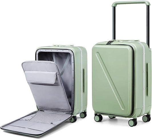 MILADA Wide Handle Luggage with Front Pocket Hardshell Aluminium Check In Suitcase with Wheels Medium 24 Inch Front Opening Checked Luggage with Spinner Wheels TSA Approved Luggage, Bamboo Green