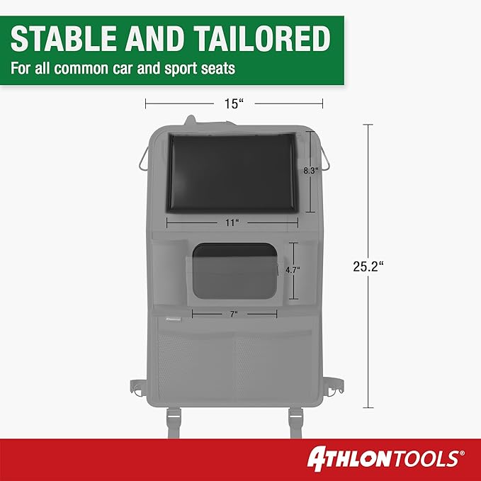 ATHLON TOOLS car seat organizer with integrated tablet holder - Reinforced back - with extra pen pocket - for business and children - Designed in Germany