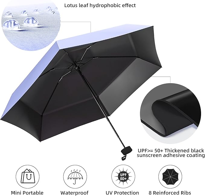 Travel Mini Compact Folding Umbrella with Case - UV Sun & Rain Protection, Lightweight Portable Pocket Umbrella for Women Men Kids, Fits Purse Backpack