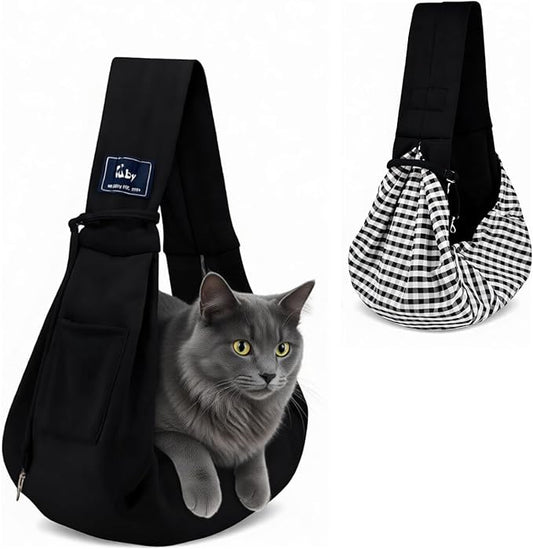 WOOFOOW Premium Dog & Cat Sling Carrier – Soft, Adjustable, Hands-Free Puppy Sling for Small Dogs, Reversible Cat Carrier Pouch, Travel & Outdoor Pet Sling with Safety Harness & Pocket (Black)