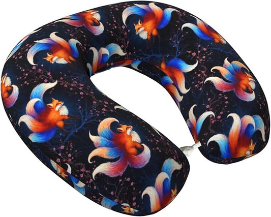 Unique Travel U Shaped Pillows Cherry Flowers Blossom Magic Anime Fox for Airplanes Car Flight, Comfortable Chin Head Neck Cushion Supporting, Polyester Removable Cover