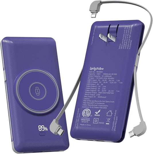 Magnetic 10000mAh Portable Charger for iWatch & iPhone, 22.5W USB C Fast Charging Wireless Power Bank Built-in Cables and Wall Plug, External Travel Battery Pack Compatible with iOS Android Devices