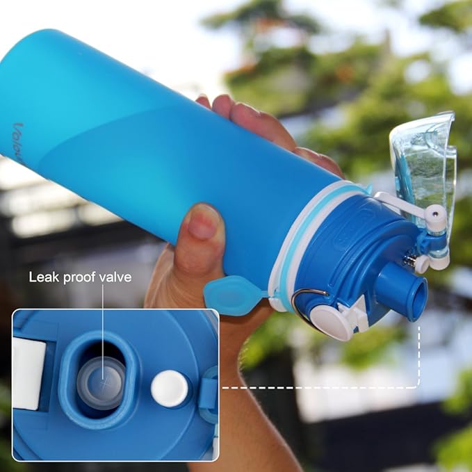 Valourgo Collapsible Water Bottle, Silicone Foldable with Leak Proof Valve BPA Free, Aqua Blue, 21 oz