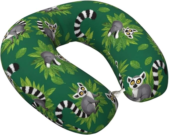 Neck Support Pillow, Comfortable Memory Foam Car/Flight/Airplane Chin Pillows U Shaped Cushion for Office Travel Sleeping Lemurs Monkey Tropical Green Leaves Floral