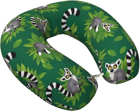 Neck Support Pillow, Comfortable Memory Foam Car/Flight/Airplane Chin Pillows U Shaped Cushion for Office Travel Sleeping Lemurs Monkey Tropical Green Leaves Floral