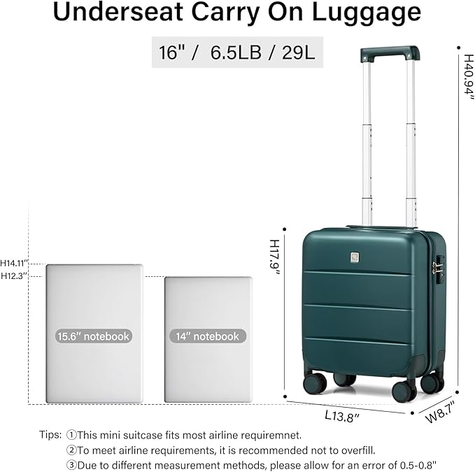 Hanke 16 Inch Underseat Carry On Luggage with Wheels Hard Shell Mini Small Suitcases Carry On Bag for Airline Approved TSA Luggage Lightweight Travel Suitcase(Blackish Green)