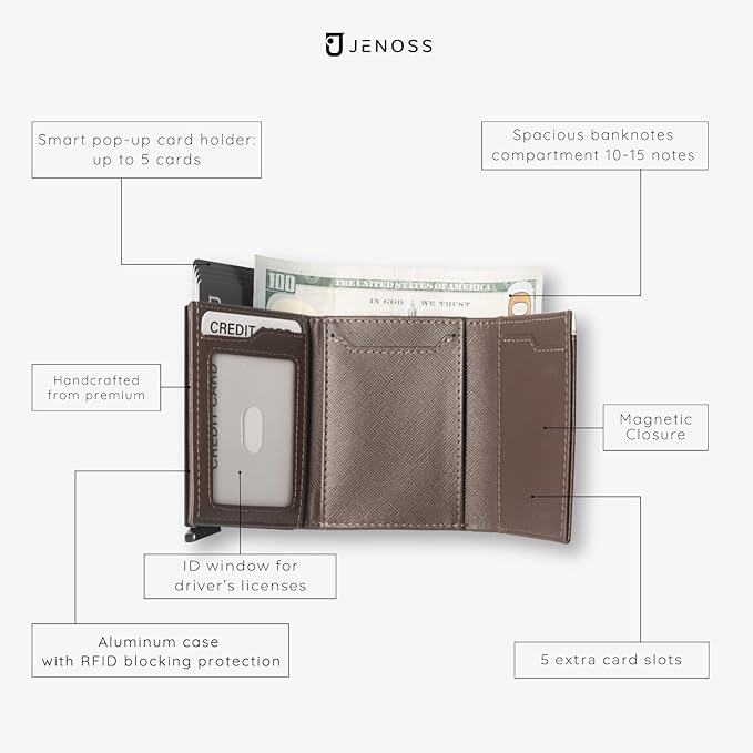 Jenoss Smart Wallet For Men: Full Grain Leather, Handcrafted, Slide Metal Pop Up Case, Slim RFID Blocking Credit Card Holder, Compact 12 Cards Slot Organizers, ID, Money Clip (Brown & Cream)