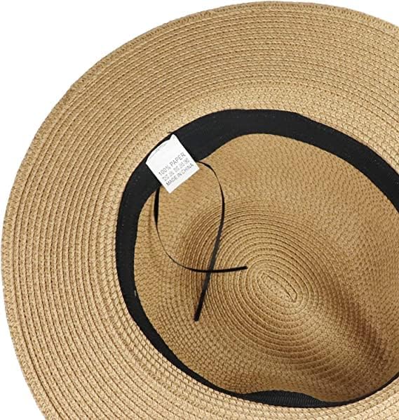 DRESHOW Women Straw Panama Hat Travel Fedora Beach Sun Hat Summer Wide Brim Straw Roll up Hat UPF 50+