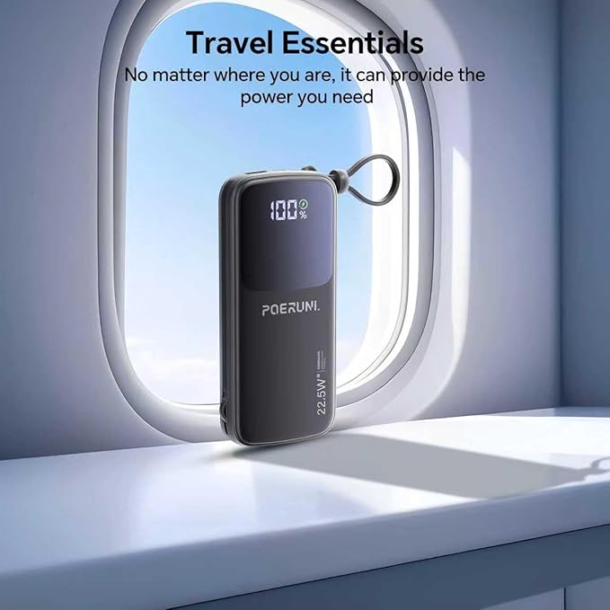 10000mAh Power Bank with a Built-in AC Wall Plug Led Display and Two Built-in Cables.USB-C Fast Charging Compatible with iPhone,Samsung,and Android Smartphones, Portable Charger with Travel.