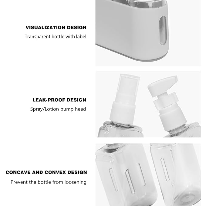 Songaa Travel Bottles Leak Proof, 2 in 1 Travel Containers for Toiletries, Refillable Plastic Bottles with Lid, Travel Accessories Shampoo Conditioner Bottles Grey