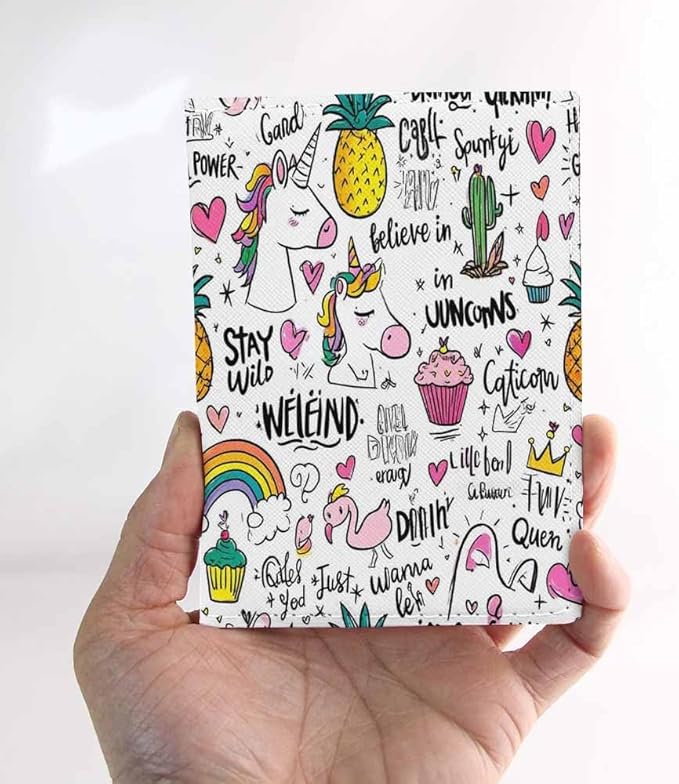 Unicorn Pattern Passport Holder for Travel Rainbow Pineapple Cake Love Heart PU Leather Passport Cover Wallet Cute Passport Card Holder for Women and Men