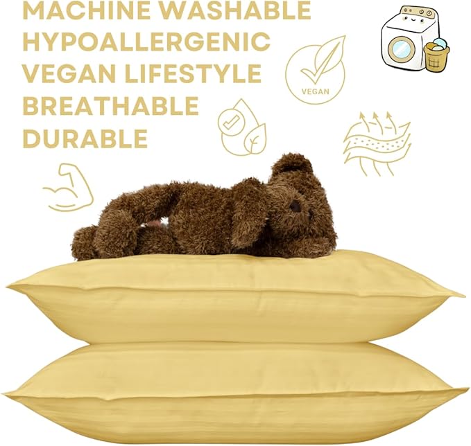 kinder Fluff Kids Pillows (2Pack) 13x18in - Small Pillow for Kids Age 2+, 100% Cotton Sateen Stripes Shell 300T, Down Alternative Fill, Machine Washable - Children & Travel Cushion - Yellow - S