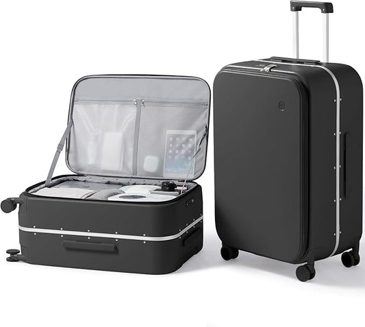 mixi 26 Inch Large Checked Luggage PC Hard Shell Suitcase Top Opening Aluminum Frame Travel Suitcases with Wheels, Black