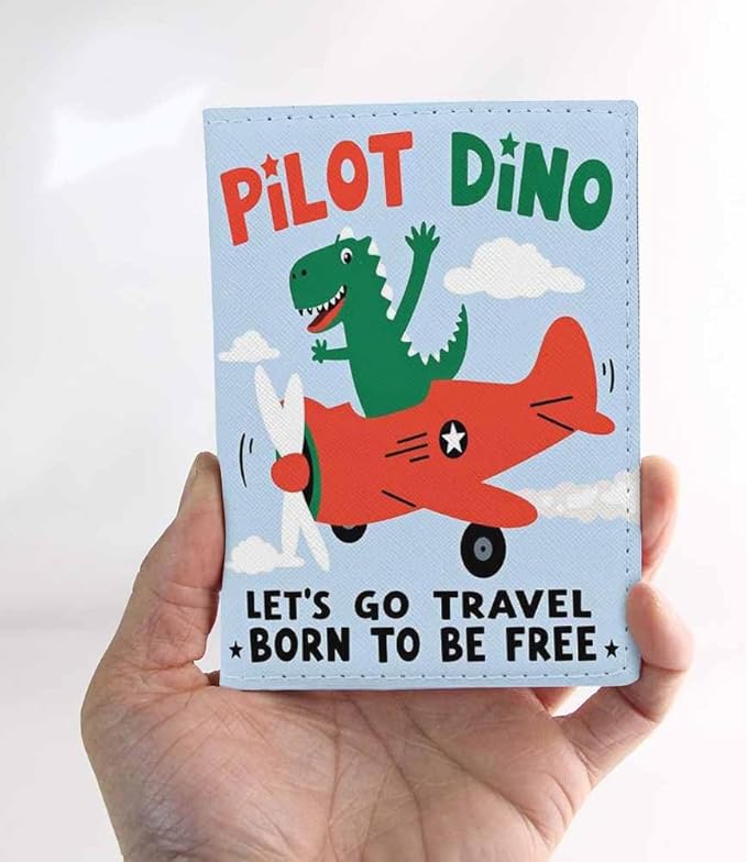 Cartoon Dino Passport Holder for Travel Plane and Dinosaur Print PU Leather Passport Cover Wallet Cute Passport Card Holder for Women and Men