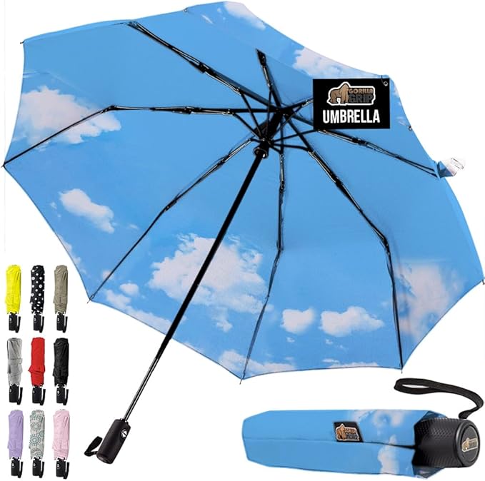 GORILLA GRIP Strong Windproof Stick Compact Umbrella for Rain, One-Click Automatic Open and Close, Durable Quick Dry Waterproof Material, Lightweight and Portable, Travel Size Fits Backpack, Sky Blue