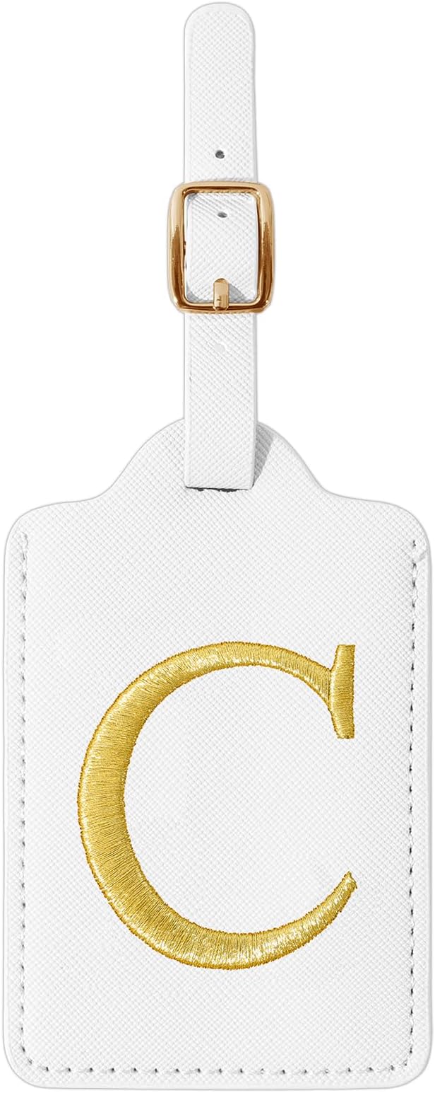 Personalized Initial Luggage Tags for Suitcase TSA Approved, White Leather Cute Luggage Tag with Privacy Cover Name Card, Embroidered Custom Luggage Tags Travel Baggage Tags Gifts for Women Kids(C)