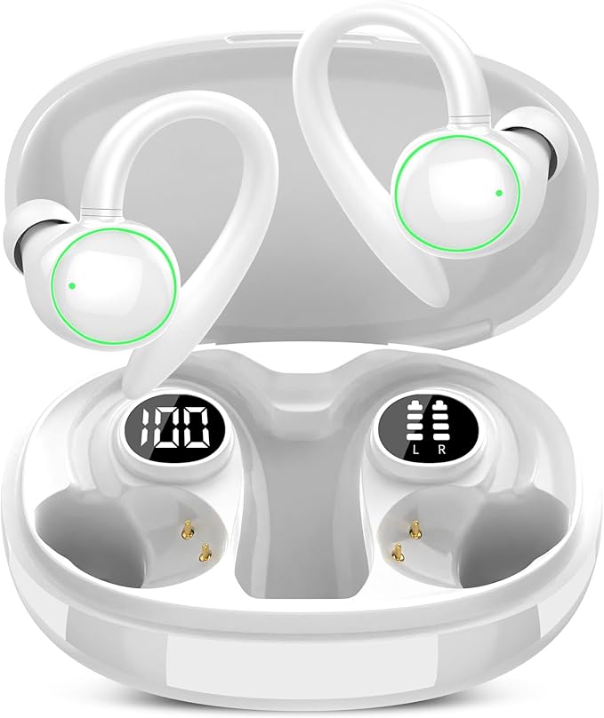 Wireless Earbuds, Bluetooth 5.4 Headphones Sport, Over Ear Buds With ENC Noise Cancelling Mic, 48H, Wireless Earphone With Earhooks, Stereo Deep Bass, IP7 Waterproof Headset for Workout Running, White