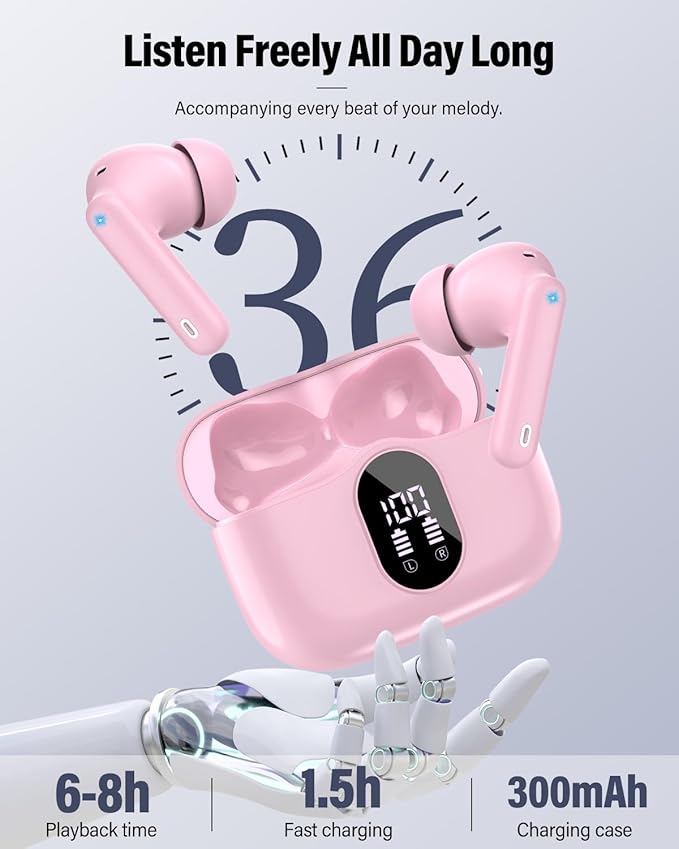 Wireless Earbuds, Bluetooth 5.4 Headphones Bass Stereo, Ear Buds with Noise Cancelling Mic, LED Display in Ear Earphones Clear Calls, IP7 Waterproof Bluetooth Earbuds for Laptop/Phones/Sports, Pink