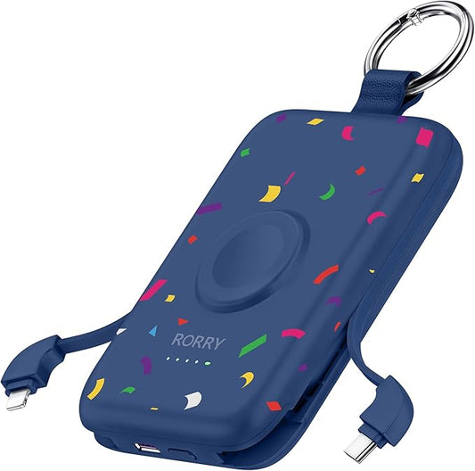 RORRY Portable Charger, 10000mAh PD 20W Fast Charging Portable Charger Power Bank with Built in Cables, Travel Battery Pack for iPhone 17/16/15/14/13/12 and Apple Watch, Confetti-Deepblue